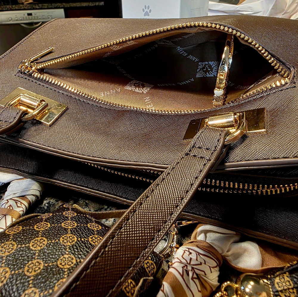 Chic Brown Anne Klein Satchel with Twilly and Bag Charms - Picture 8 of 8